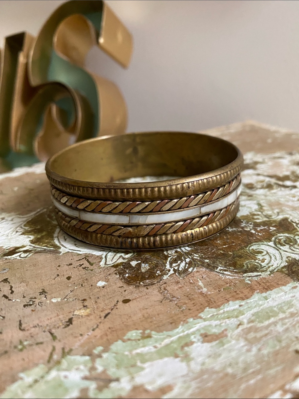 Vintage Brass Bangle with Inlay